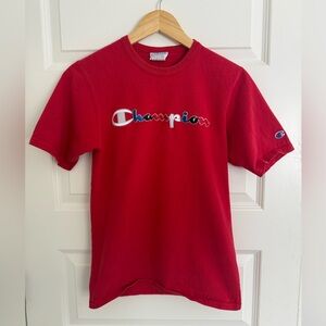 Vintage Champion Embroidered Spellout T Shirt Red White Blue Small Spell Out